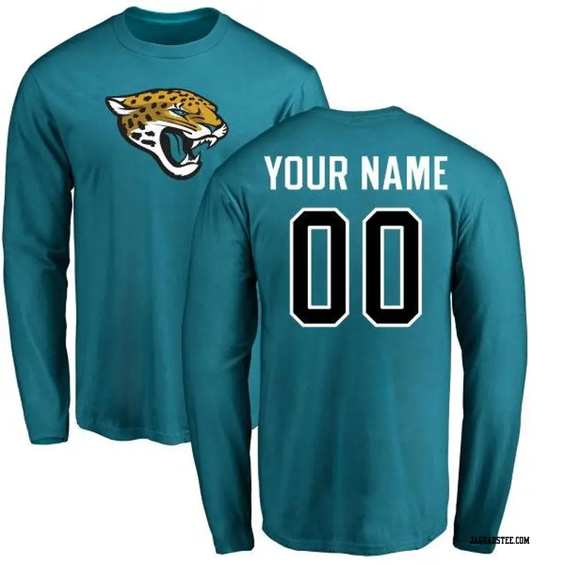 Men's Jacksonville Jaguars ＃00 Custom Teal Name & Number Logo Long Sleeve T-Shirt