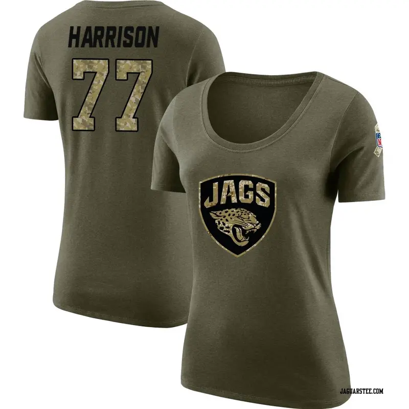 Women's Jacksonville Jaguars ＃77 Anton Harrison Olive Salute to Service Scoop Neck T-Shirt