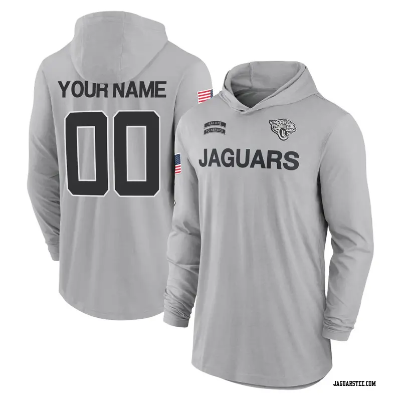 Youth Jacksonville Jaguars ＃00 Custom Gray 2024 Salute to Service Lightweight Performance Long Sleeve Hooded T-Shirt